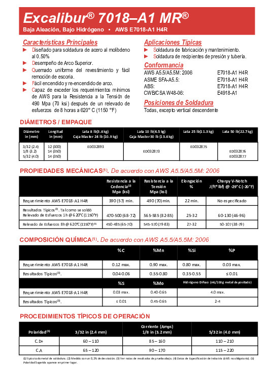 Info. del Producto - Excalibur 7018-A1 MR