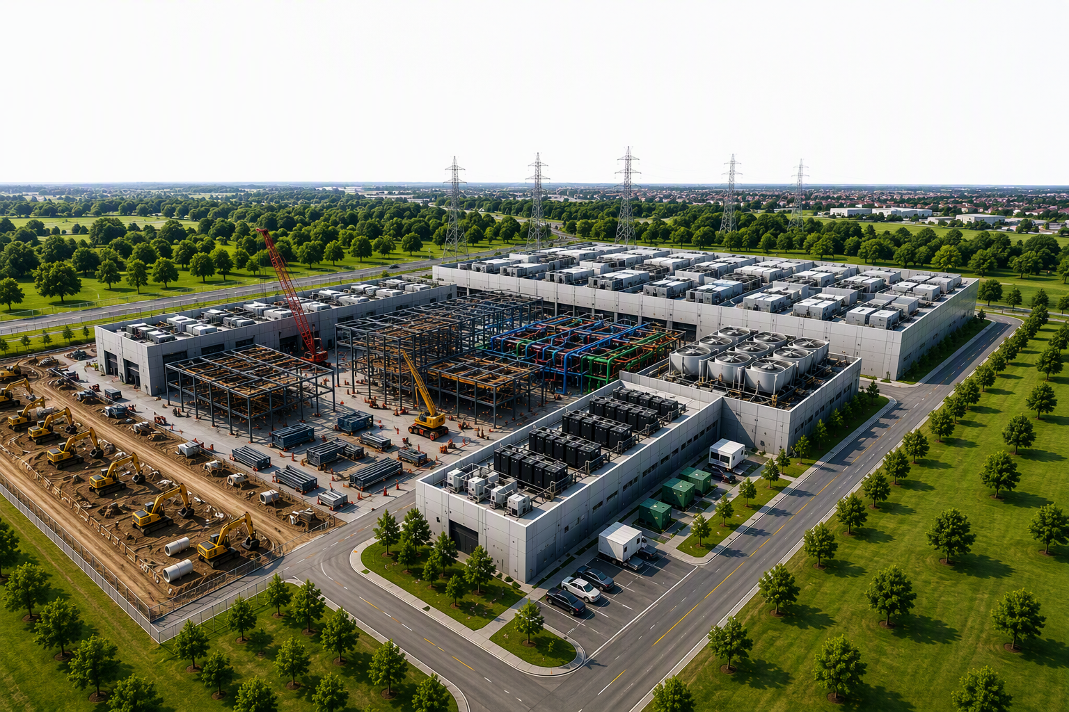 Data center construction lifecycle site showing areas for site preparation, structural fabrication, field erection, mechanical fit-out, cooling systems, and operations maintenance