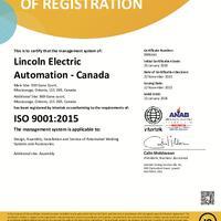 ISO 9001:2015 Lincoln Electric Canada Automation Group